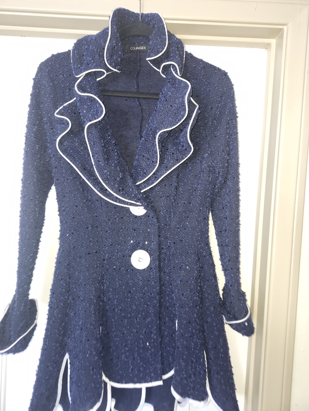 CourageB, navy blue popcorn sequin trench coat. Medium size,like new